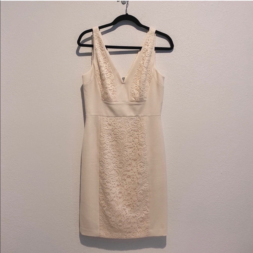 Authentic Vera Wang Cream Lace Midi Sheath Dress V-Neck